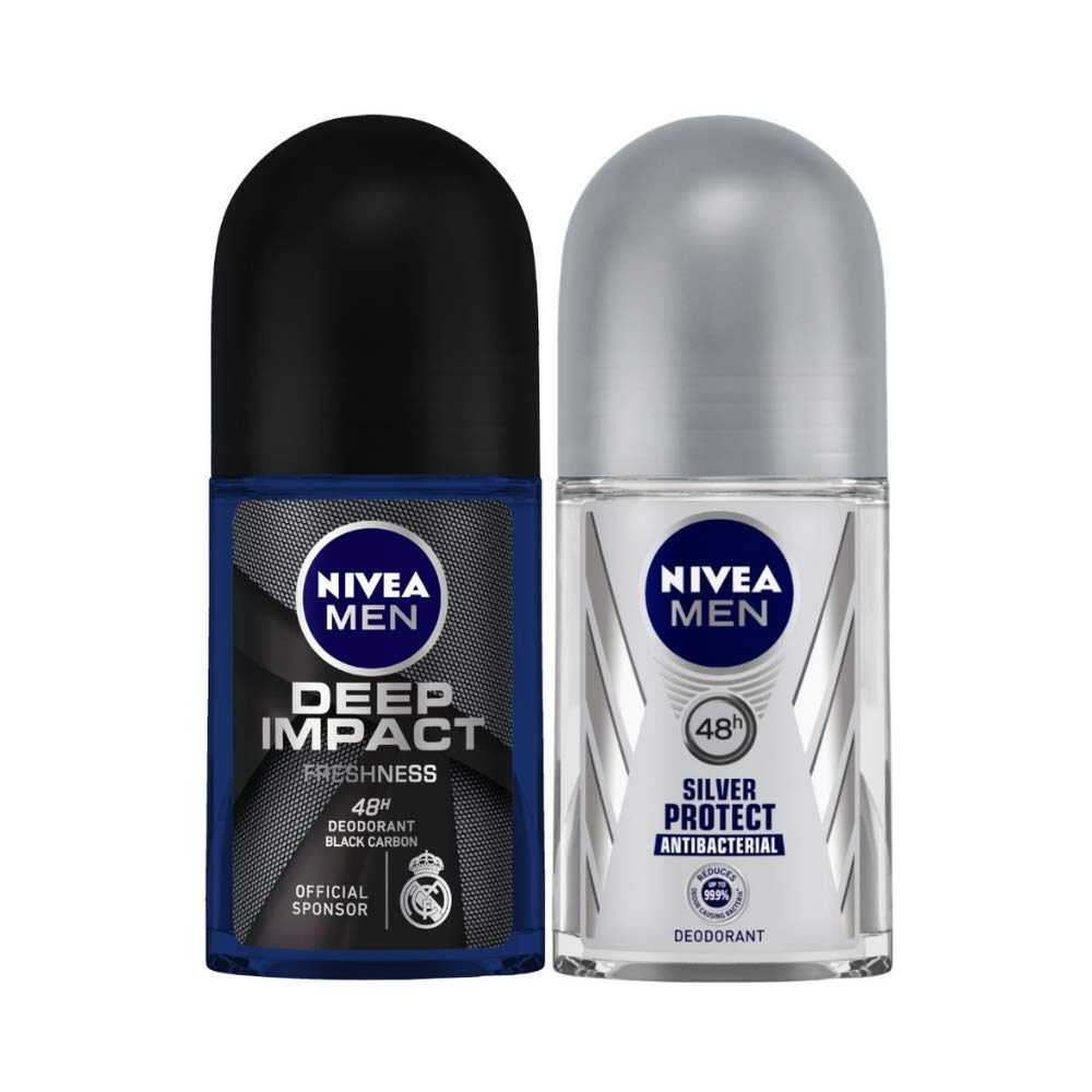 Nivea Deodorant Roll On for Men, Deep Impact Freshness, 50ml and Deodorant Roll On for Men, Silver Protect, 50ml