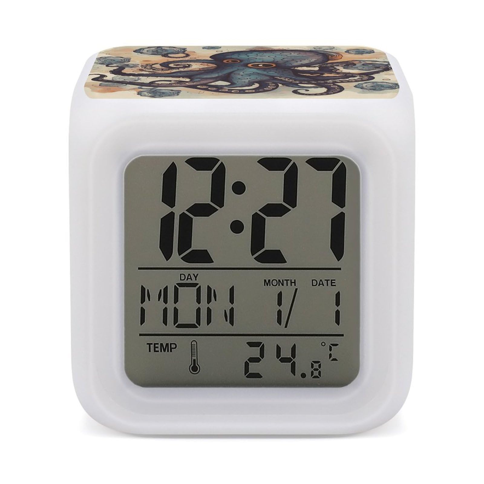 JTREHY 7 Color Changing LED Digital Alarm Clock,Retro Octopus Printed Wake-up Clock with Temperature Display Home Decoration Alarm Clock for Bedroom Office