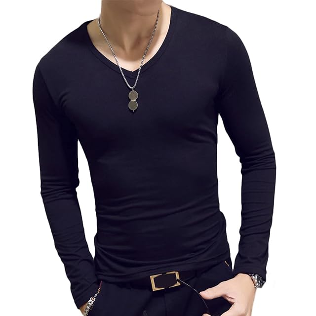 Mens V Neck Shirts Muscle Tops Slim Fit Long Sleeve Stretch T-Shirt Low Cut Undershirts Tees