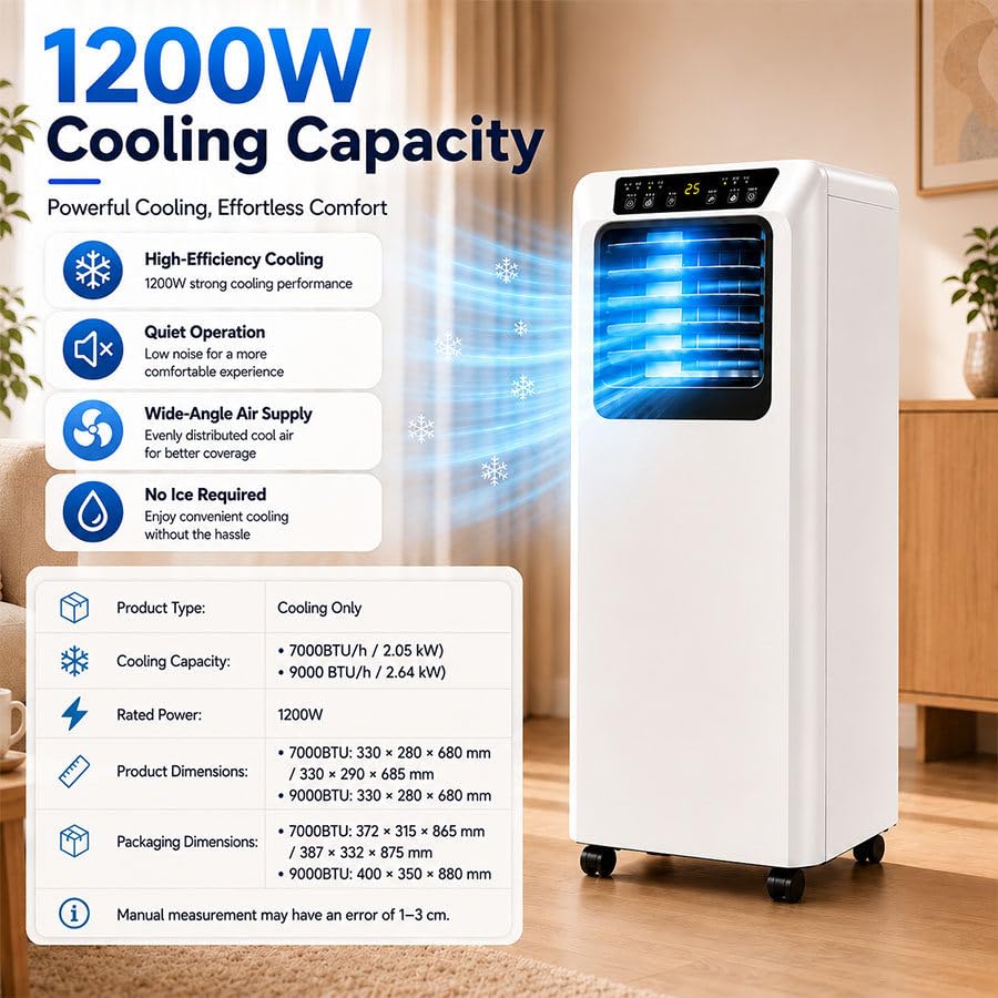 Climatizzatore Portatile Silenzioso e Smart per Camera da Letto e Ufficio 7000BTU | Modalità Raffreddamento, Deumidificazione e Sonno con Telecomando, Timer 12 Ore e Oscillazione 120° per Camera e Ufficio