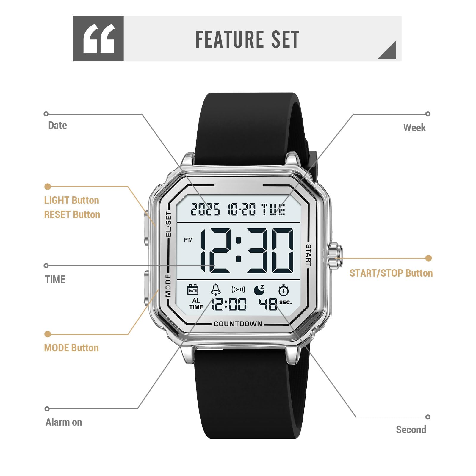 findtime Orologio digitale quadrato digitale orologio sportivo sportivo outdoor uomo donna grandi numeri numeri 3 ATM impermeabile unisex doppio tempo / cronometro / allarme / 12-24H nero oro