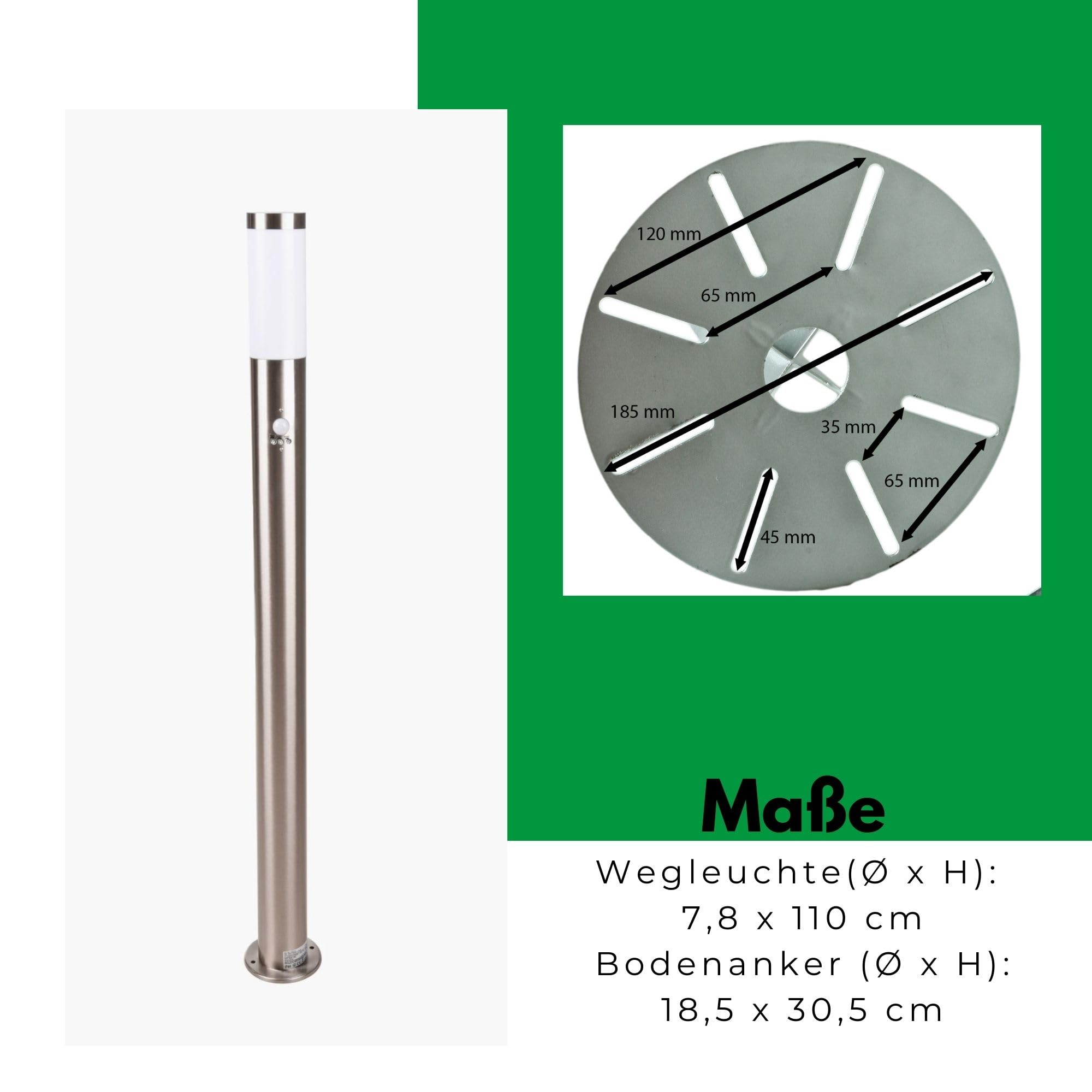 Novatool Wegeleuchten I 45 cm + 80 cm + 110 cm I mit Bewegungsmelder I mit Erdspieß I Edelstahl I IP44 I E27 Sockel I Wegebeleuchtung aussen Aussenleuchten Garten Standleuchte Gartenleuchte stehend