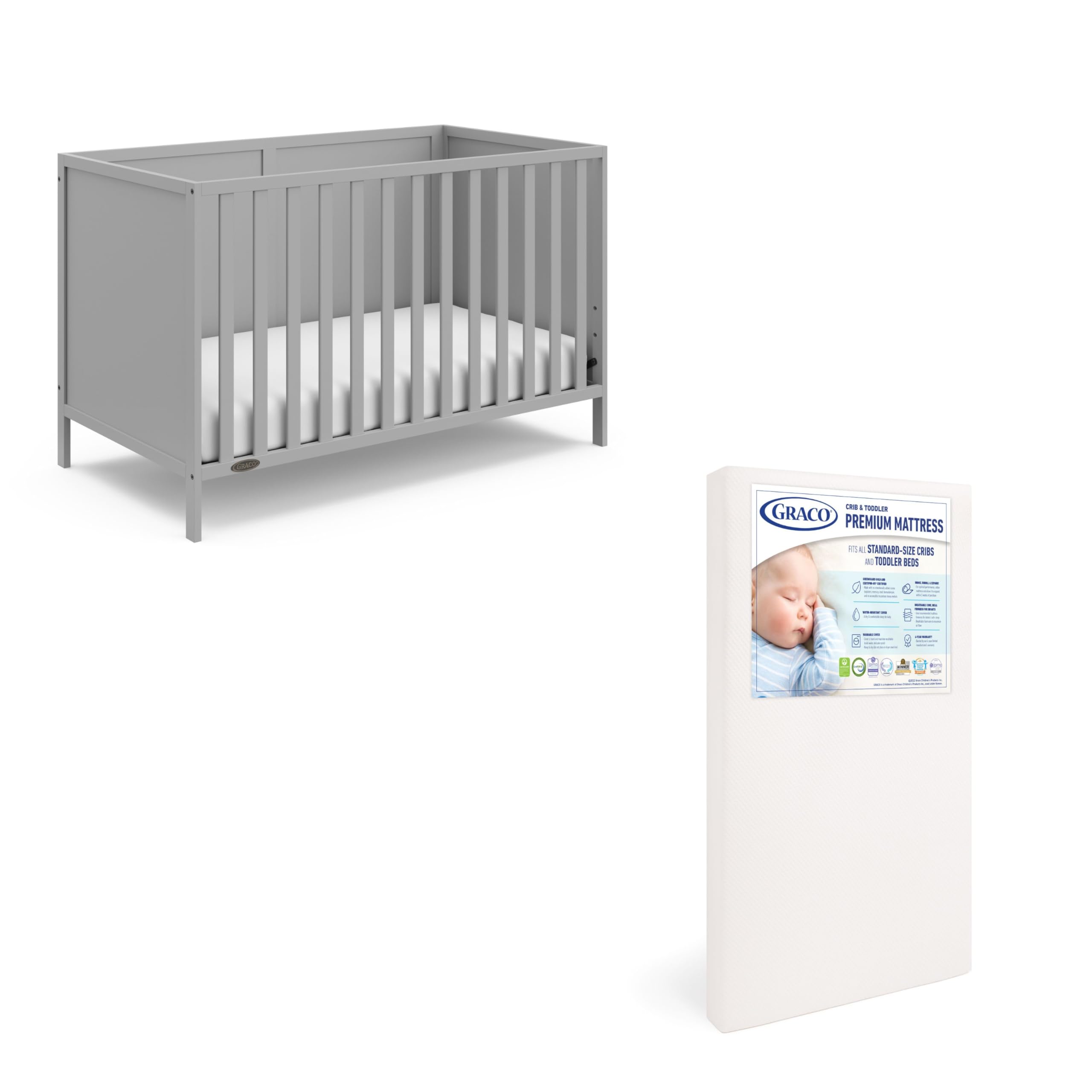 Graco Theo Crib and Mattress Nursery Essentials Pack (Pebble Gray) – GREENGUARD Gold Certified Baby Crib & Crib Mattress, Cribs with Mattress Included