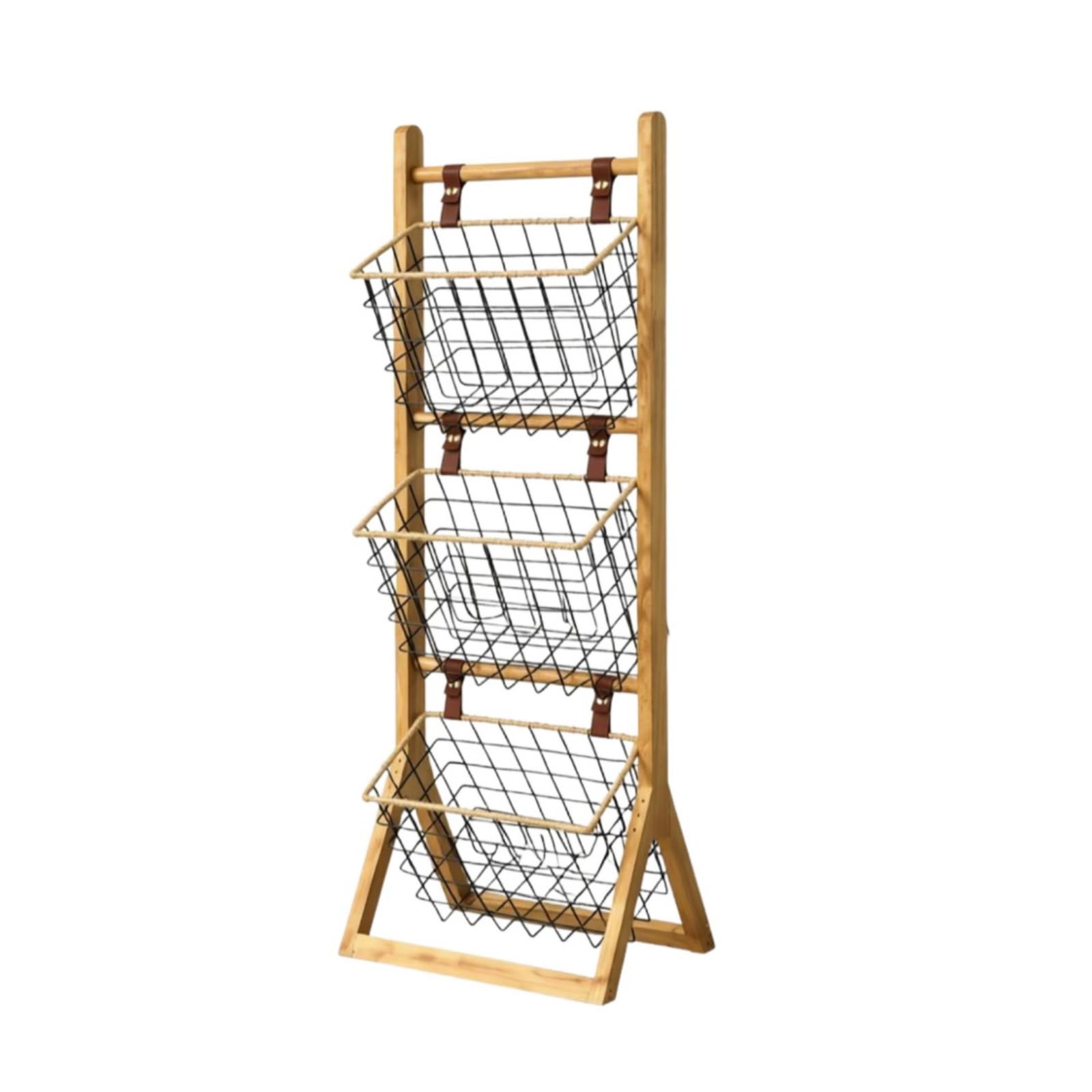 2 Pieces Multi Tier Organizer Shelf Space Saving Floor Standing Basket Rack Easy to Assemble 3-Tier Storage Organizer for Kitchen, Living Room, Wood Color-image-42