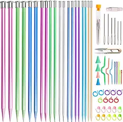 tchrules Conjunto de 64 agulhas de tricô, 20 peças, conjunto de agulhas de tricô de alumínio, coloridas, retas e pontiagudas, tamanho 3-10 mm, 34,8 cm, para tricô feito à mão com acessórios de tricô