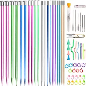 tchrules Conjunto de 64 agulhas de tricô, 20 peças, conjunto de agulhas de tricô de alumínio, coloridas, retas e pontiagudas, tamanho 3-10 mm, 34,8 cm, para tricô feito à mão com acessórios de tricô