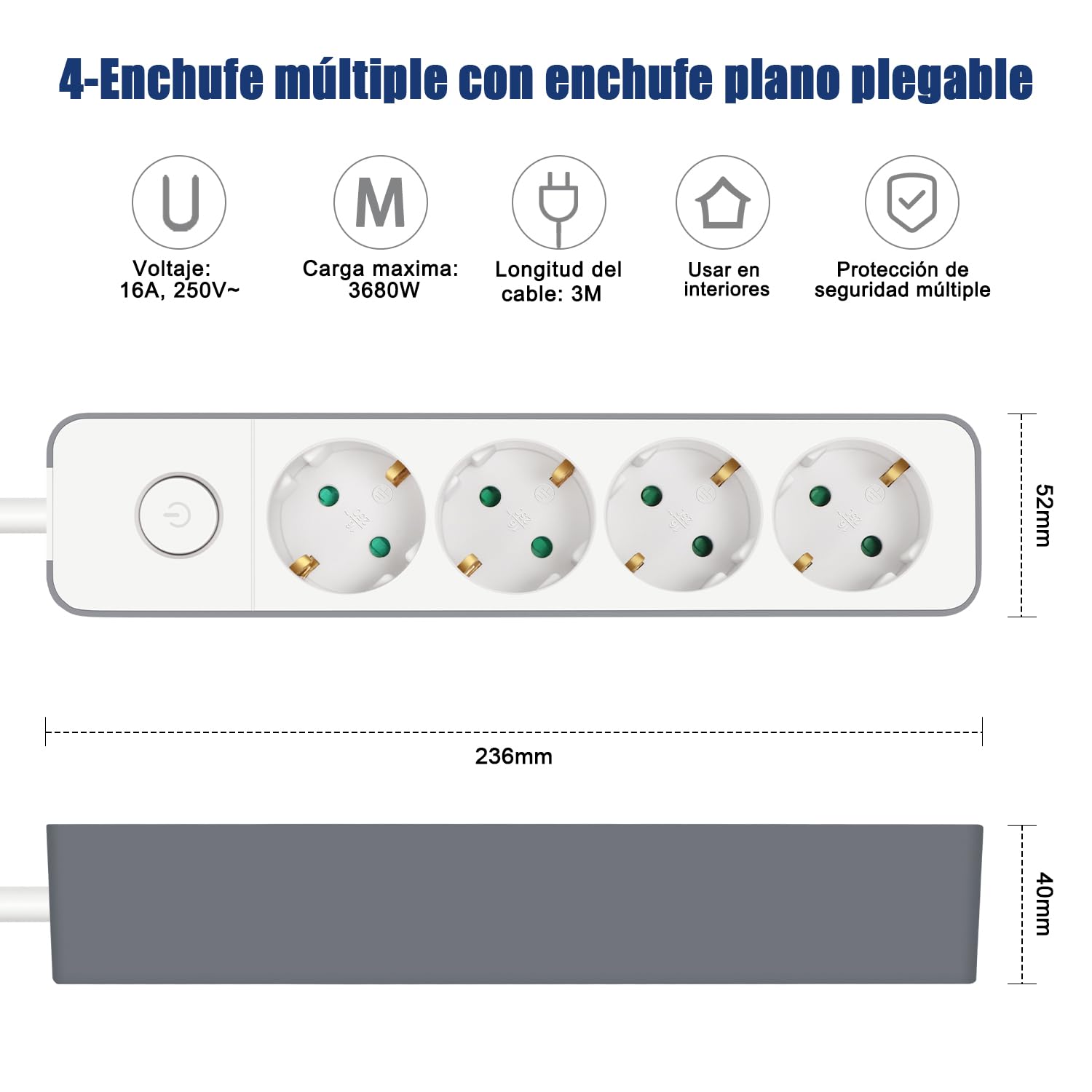 EXTRASTAR Regleta Enchufe con 4 Tomas, Alargador Enchufe con Interruptor, 3 m, para El Hogar, La Oficina y Los Viajes, 3680W, 3G*1.5mm², Blanco, 1pc — view 2