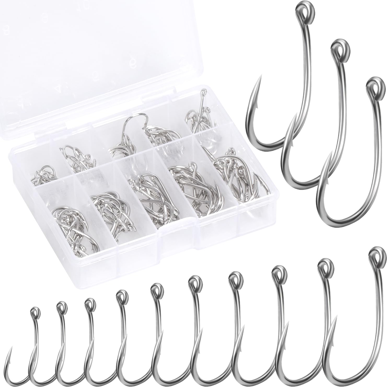 100 PCS Barbed Sea Fish Hooks with Plastic Box - Carbon Steel Eyed Fishing Hooks for Freshwater & Saltwater 3# - 12#