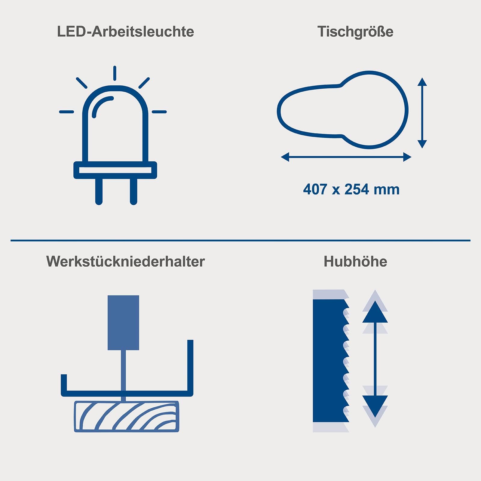 Scheppach Dekupiersäge DECO SWITCH | 18 mm Hubhöhe | Variable Hubzahl 550 – 1500 min-1 | Schnitthöhe/-tiefe: 50/405 mm | 70W Leistung | inkl. Fußschalter