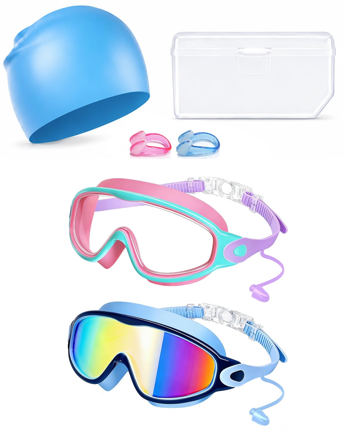 Gafas de natación para niños, paquete de 2, protección UV antivaho, gorro de natación, funda, gafas de natación para niños de 3 a 15 años