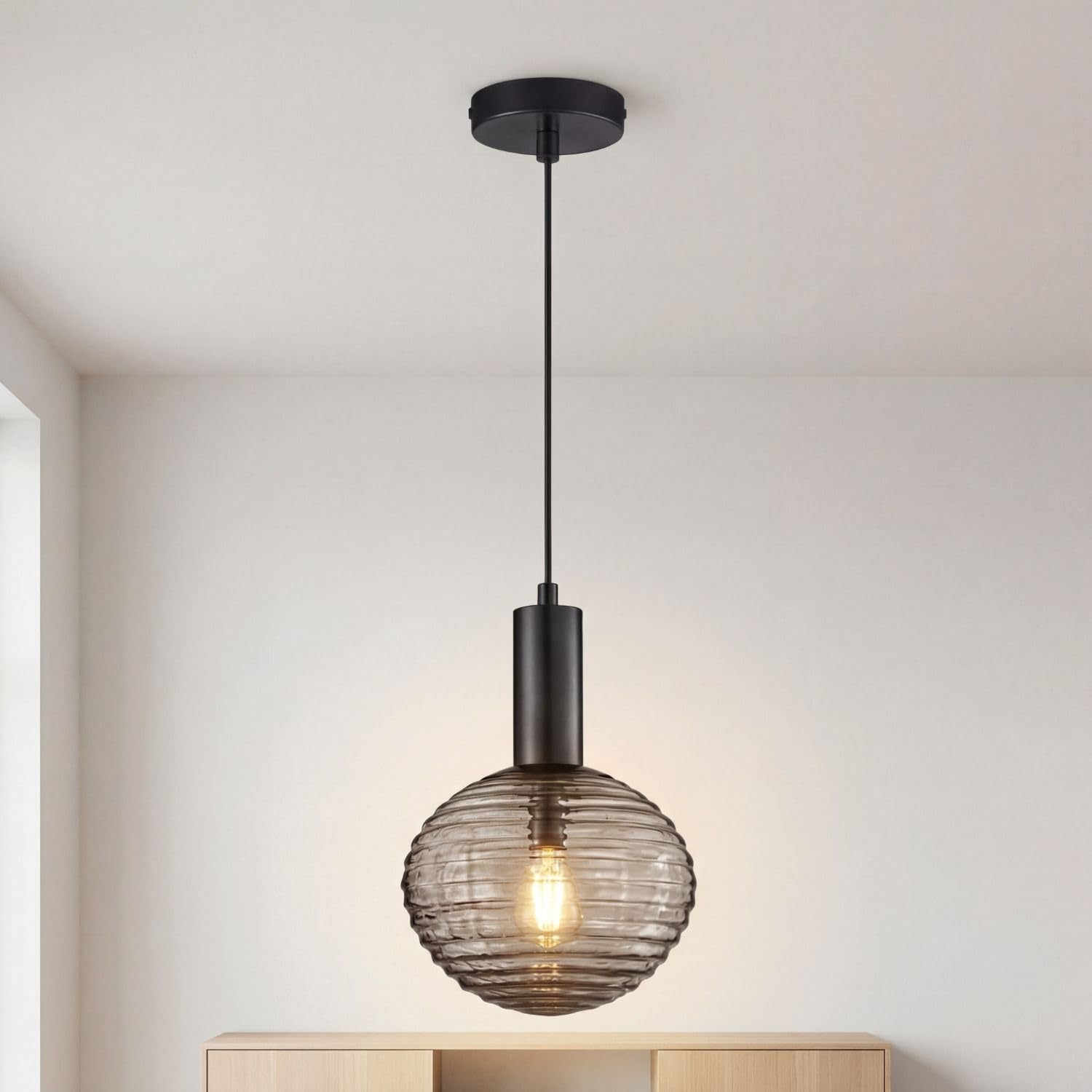 Lampa wisząca szkło dymne metal Ø 18 cm wys. maks. 150 cm lampa wisząca okrągła czarna E27 nowoczesna lampa wisząca do jadalni salonu
