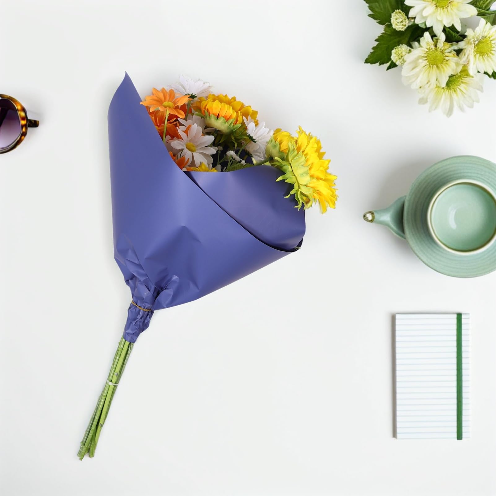 Papier D’emballage pour Bouquet de Fleurs Bleu Blanc 80 Feuilles | Double Face, Papier Waterproof en Papier, Usage DIY pour Présents et Fleurs, Style Élégant