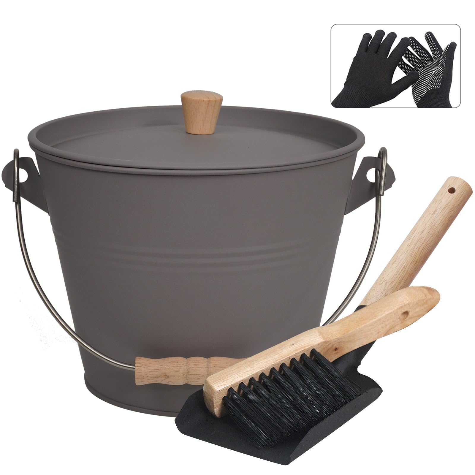 BRIAN & DANY Secchio per cenere con coperchio, secchio per cenere per camini, secchio in metallo da 5 litri per cenere calda con pala e scopa a mano, grigio