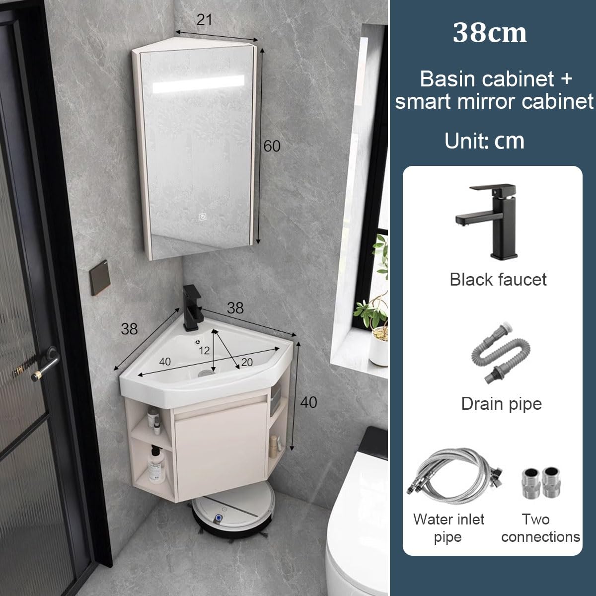 Lavabo esquinero de baño con fregadero, fregadero de esquina montado en la pared que ahorra espacio con almacenamiento, espejo y accesorios para baños pequeños, 43 cm, 38 cm