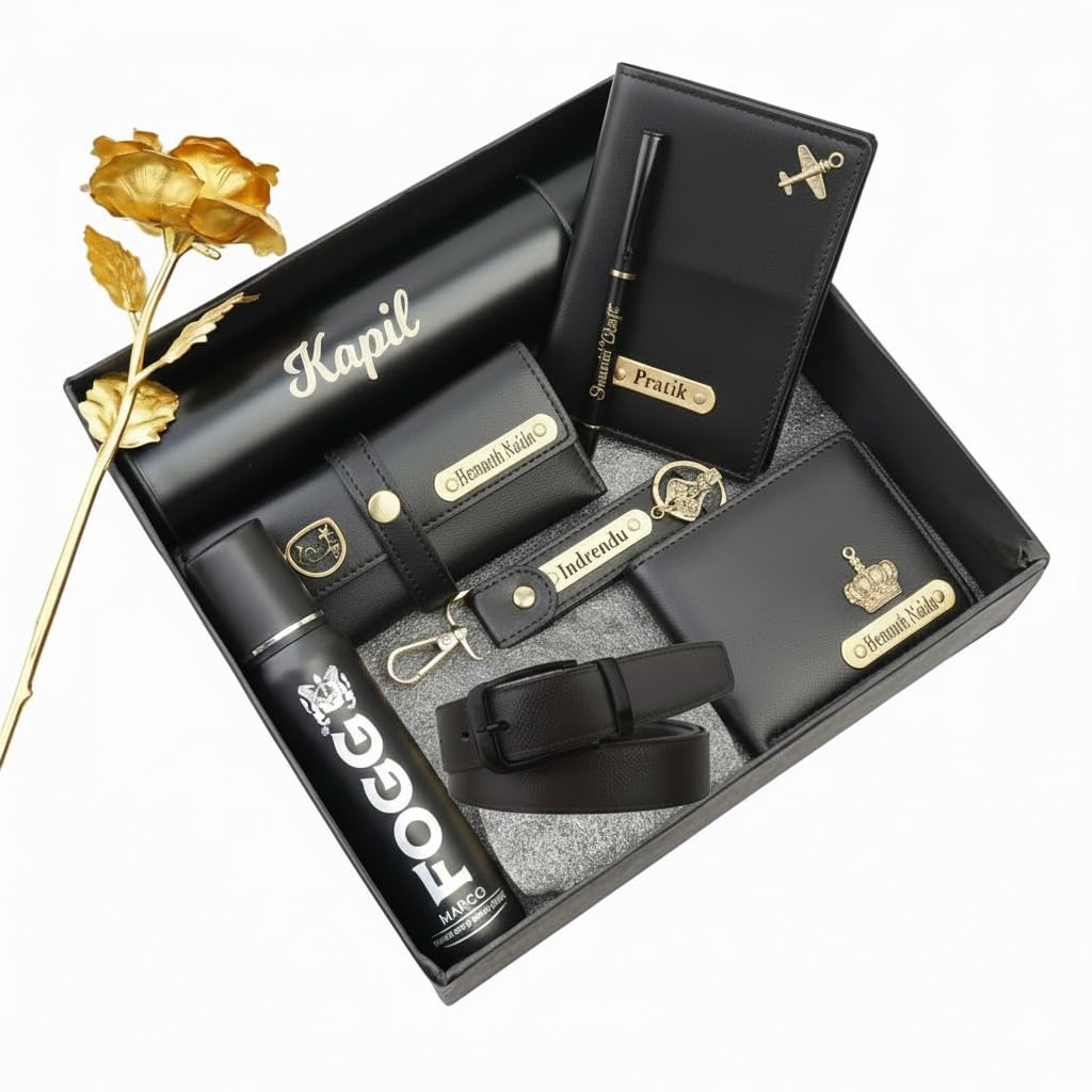 Customized Men's Gift Hamper Set with Water Bottle, Passport Cover, Pen, Wallet, Sunglasses Cover, Keychain, Deodorant, Golden Rose and Belt (Black)-image-27