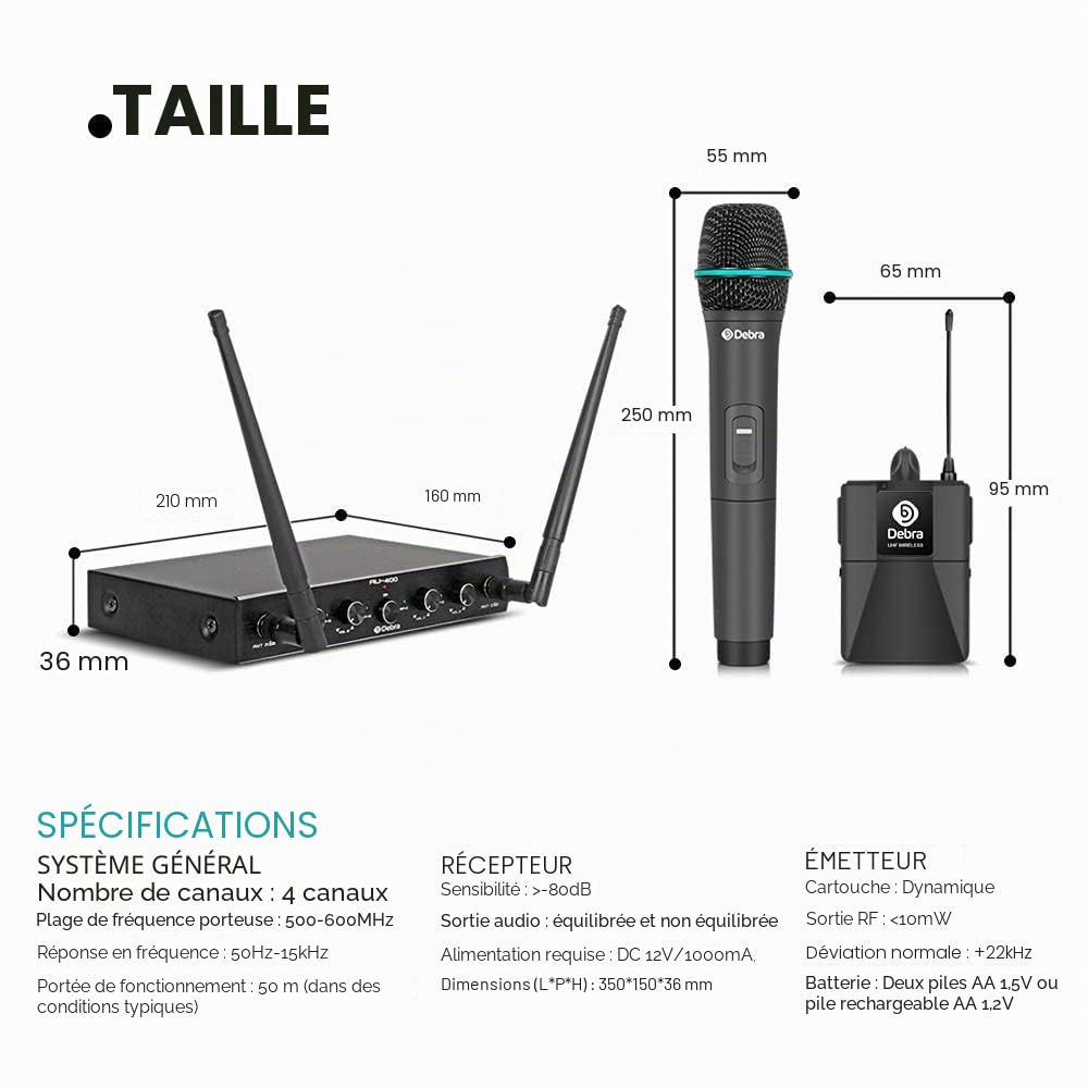 Debra Audio Pro Système Microphone sans Fil UHF 4 Canaux avec Microphone à Main sans Fil, Récepteur Métallique, Idéal pour Karaoké et Fêtes d'Église (Fréquence A)
