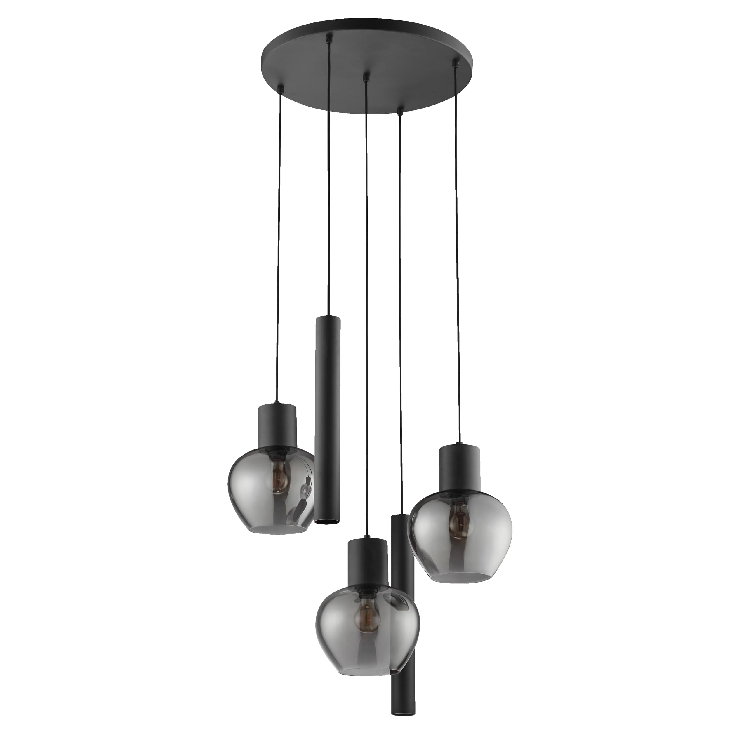 Lightbox Pendelleuchte, 5-flammig, 3 x E27 und 2 x GU10 Fassung, Ø 68 cm x 150 cm, dimmbar, Kabel kürzbar, Aluminium und Rauchglas, schwarz rauchfarben, modern Glamour, Wohnzimmer Esszimmer
