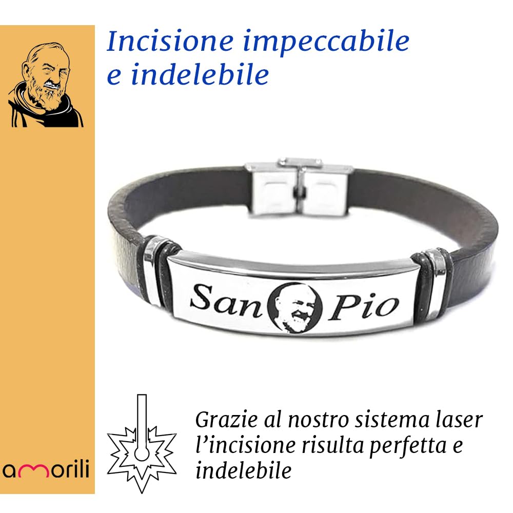 Bracciale San Padre Pio in Pelle e Acciaio Inox | Gioiello Religioso di Fede e Protezione | Braccialetto Uomo Donna Elegante e Resistente | Idea Regalo Spirituale bcc0323