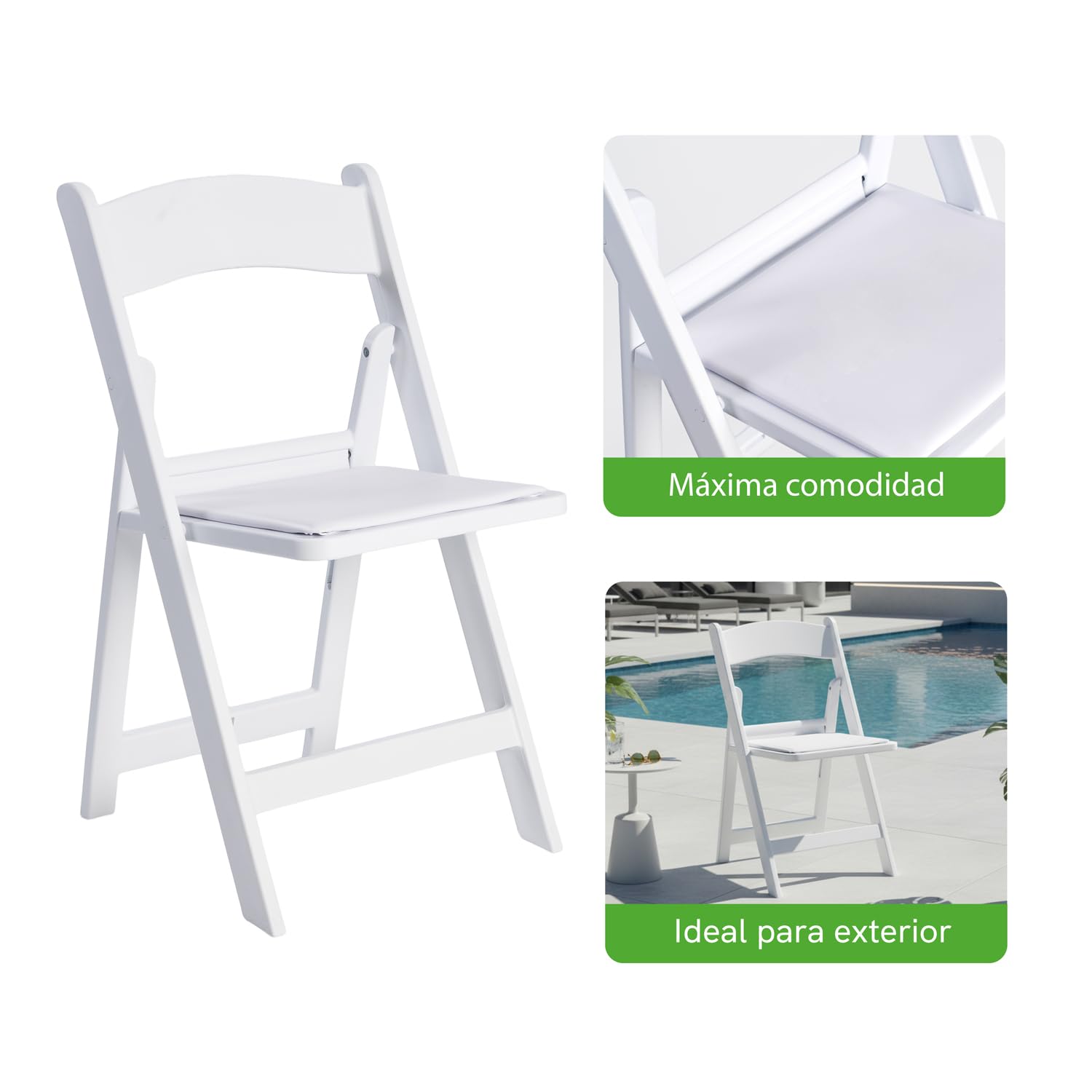 Silla Plegable Blanca - Americana con Asiento Acolchado, Elegante y Resistente, Ligera y Estable para Eventos, Bodas, Catering, Hostelería, Jardín y Uso Interior o Exterior