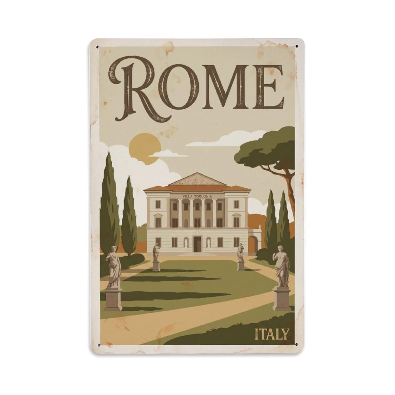 Vintage Travel Rome Villa Torlonia Park Neoclassical Estate Rusted Italy Metal Tin Sign Plaque Wall Decor for Cafe, Club Bar, Office, Home Garden Metal Poster 8x12Inch