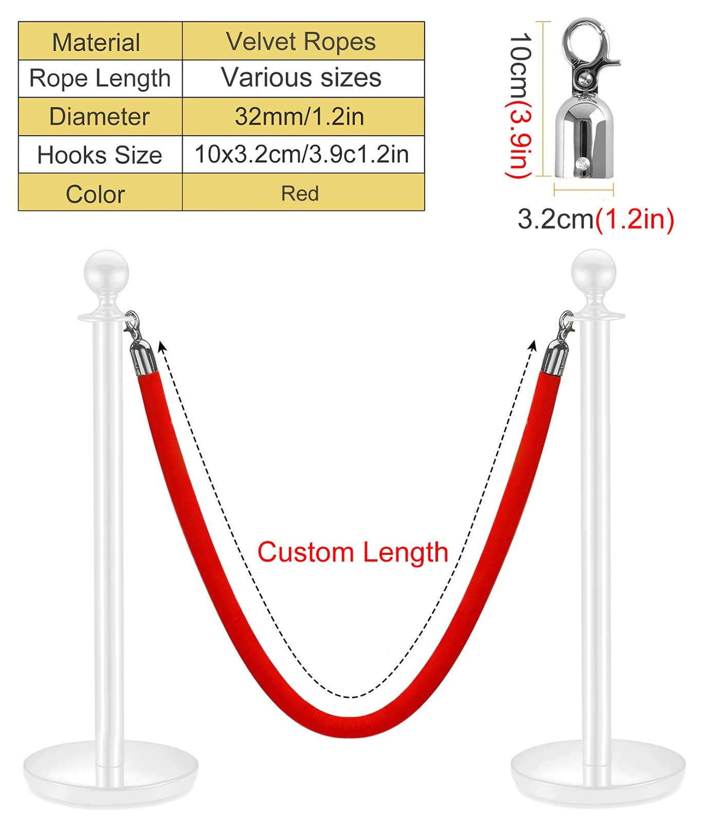 Stanchion Rope Crowd Control Queue Barrier 2 Pcs Red Safety Barrier Ropes 3-16.4ft Length for Exhibition