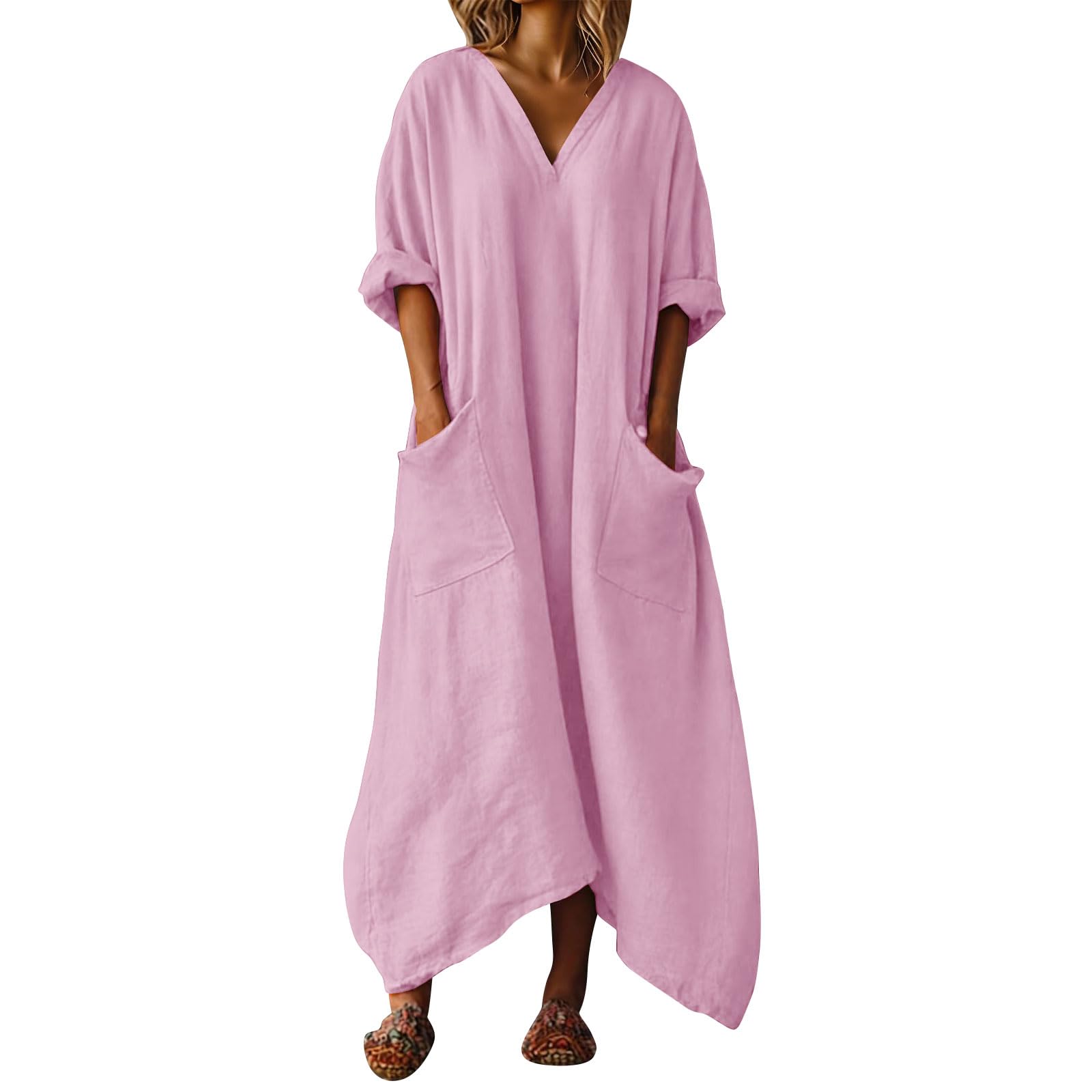 Générique Robes Ete Femme Longue Fluide Bretelles Fines Robe Maxi Débardeur Lin Coton Femme Décontractée Col V sans Manches Coupe ALigne Couleur Unie Robe De Plage Élégante (,)