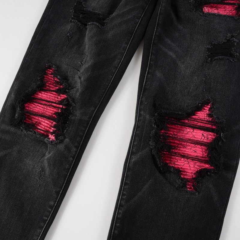Mens Pink Splicing Leather Patchwork Ripped Jeans Skinny Pants Stretch Slim Fit Distressed Trousers3