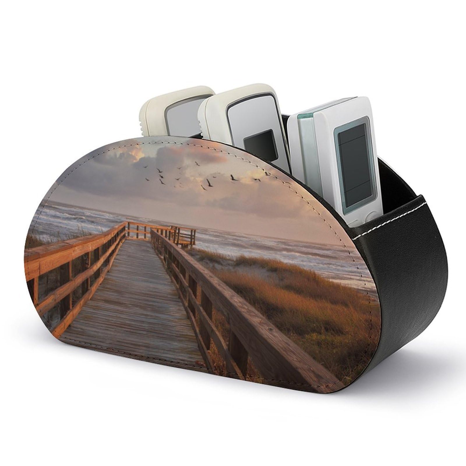Jubonexis Wooden Walkway Beach Sunset Remotes Control Holder with 5 Compartments Leather TV Remote Caddy Storage Box Desktop Organizer