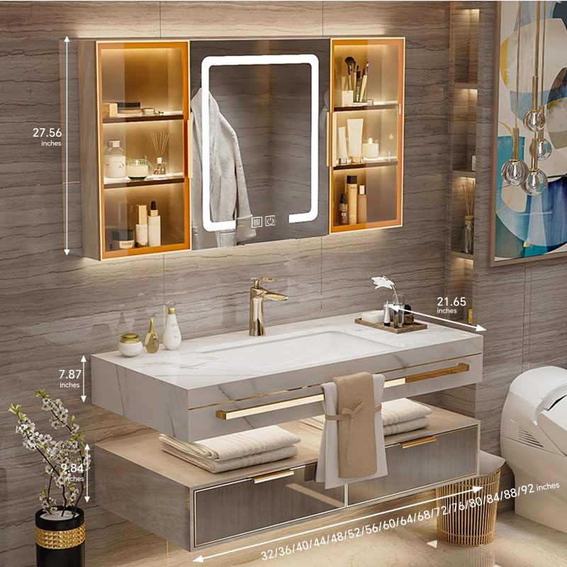Armadietto da bagno moderno con specchio antiappannamento a LED, montaggio a parete, doppio lavabo, design Sk & Functal per spazi contemporanei