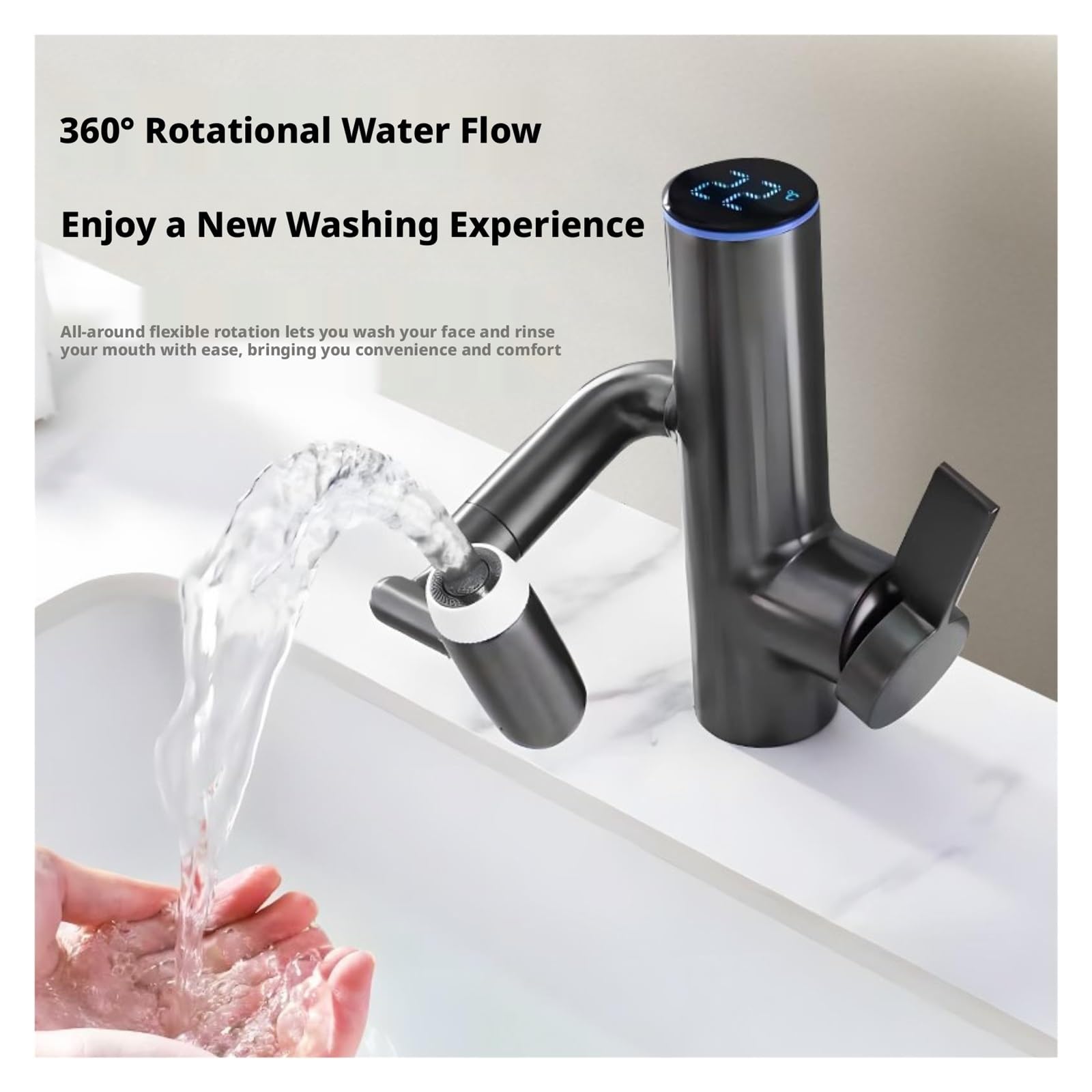 Rubinetto con braccio robotico filtrato display a LED, miscelatore per lavabo girevole in ottone per lavello della nave,Sicuro e affidabile(Grey)