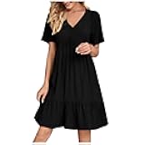 Summer Tiered Mini Dresses for Women Summer Ruffle Short Sleeve V Neck Beach Dress Swing A-Line Babydoll Dress