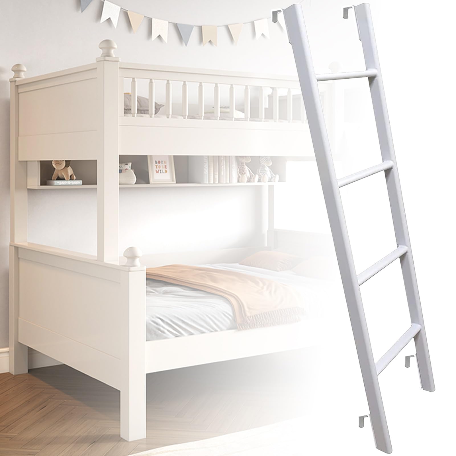 Escalera de litera con ganchos para dormitorio, repuesto resistente de metal blanco, 330 lb