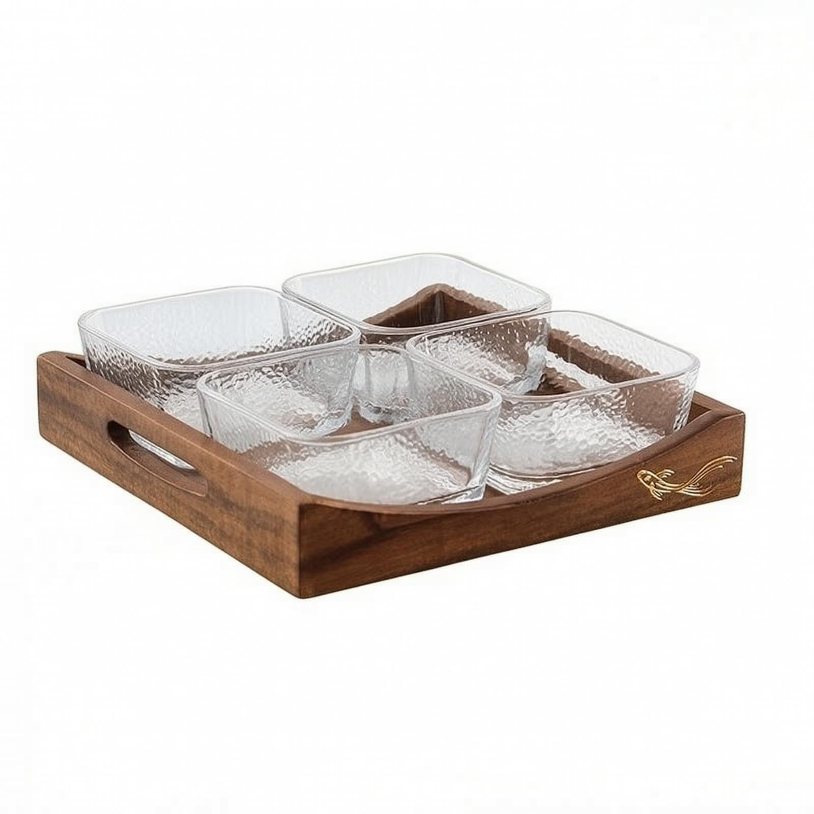 Plateau en Bois avec Coupelles, Style Chinois Rétro, Plateau Rectangulaire À Quatre Compartiments Carrés avec Coupelle en Verre, sans Couvercles, Color to 1