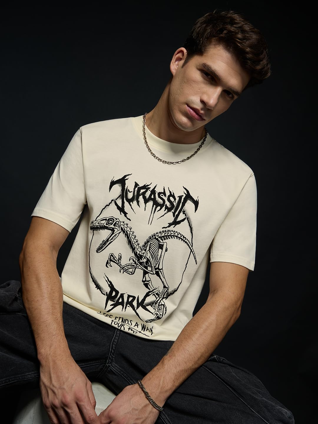 The Souled Store Jurassic Park Rockstar Raptor Herren Jungen Kurzarm T-Shirt Rundhals Bedruckte Baumwolle Atmungsaktiv Leicht Casual Loose Fit