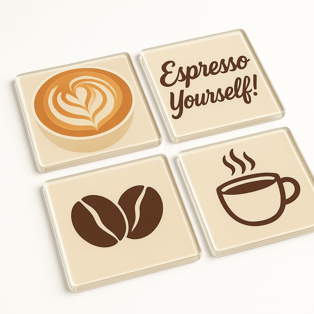 The Plum Penguin Brewed Whimsy Acrylic Coaster Set Of 4 With Playful Coffee Designs - Home Decor For Coffee Lover's Gift