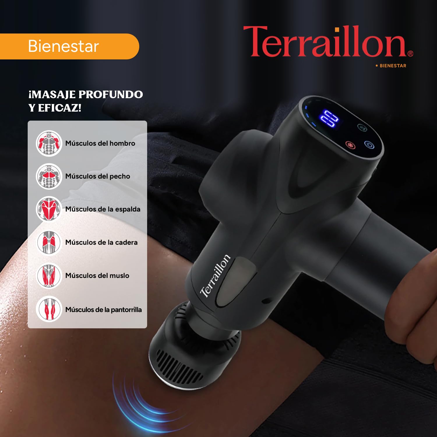 TERRAILLON GUN MASSAGER EXPERT - Pistola de masaje multizonas, 20 velocidades 2800-3200 RPM, pantalla digital, temporizador integrado, 5 puntas de silicona, 1 caliente-frío, USB-C, funda incluida