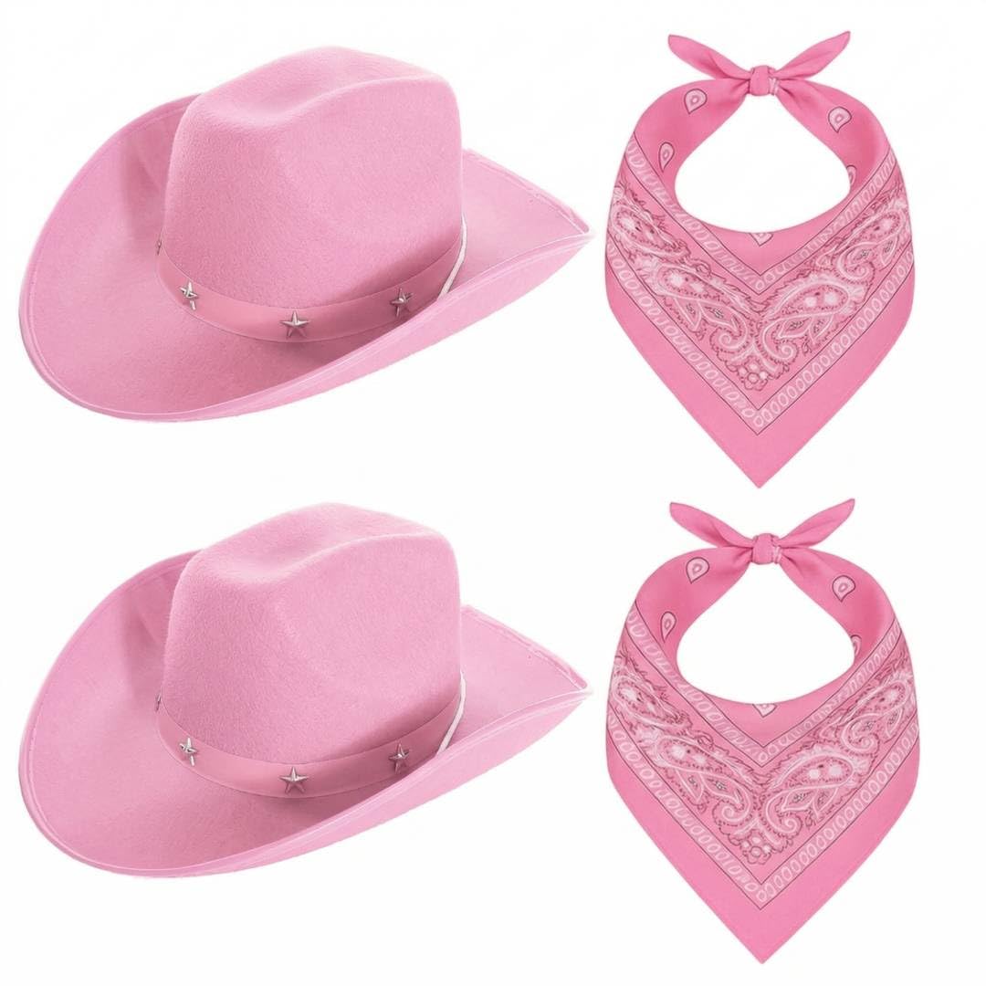 4 Pack Cowboy Hat Dress-Up Set – 2x Pink Star-Studded Cowboy Hats with 2x Pink Paisley Bandanas – Western Fancy Dress for Hen Parties, Stag Dos, Halloween & Themed Events Adults — image 1