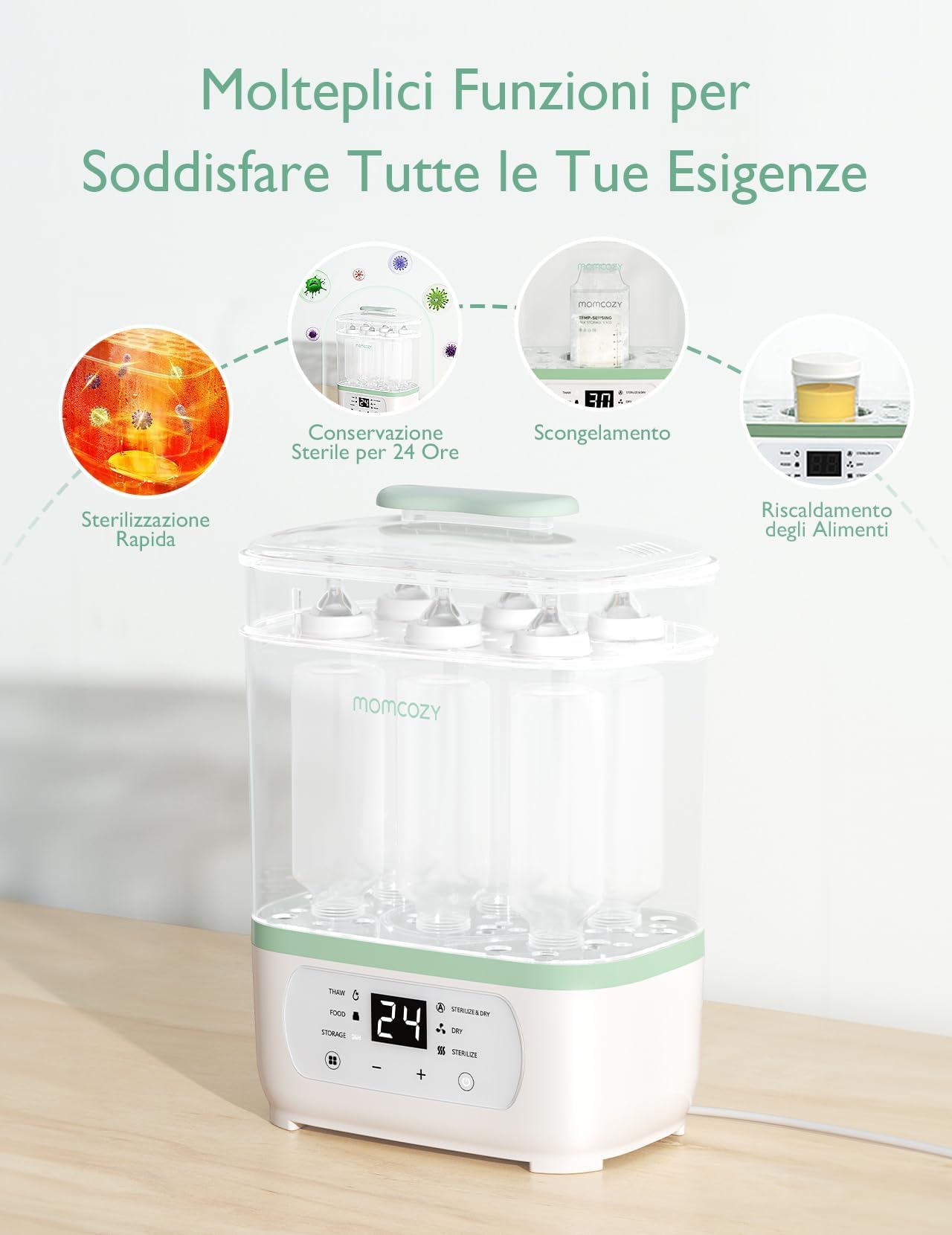 Momcozy Sterilizzatore Biberon Elettrico a Vapore 3-in-1 – Sterilizza, Asciuga e Riscalda, Elimina Molti Batteri Comuni In Vari Scenari d’Uso, Capacità 8 Biberon, Protezione Antigermi 24h