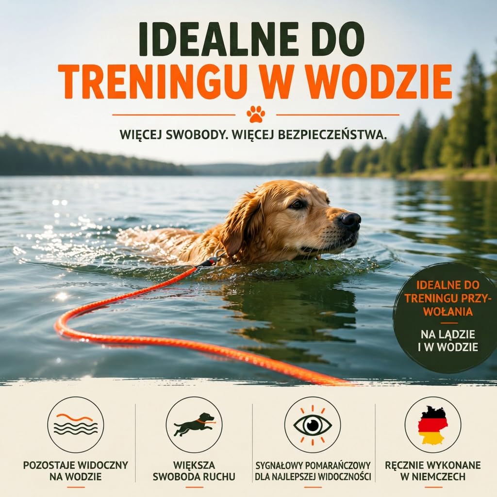 Pływająca smycz dla psów – wytrzymała smycz treningowa z paskiem na rękę i dobrze widocznym kolorem sygnałowym, trwała i elastyczna – idealna do treningu przywołania, gier wodnych i wolnego biegu (15