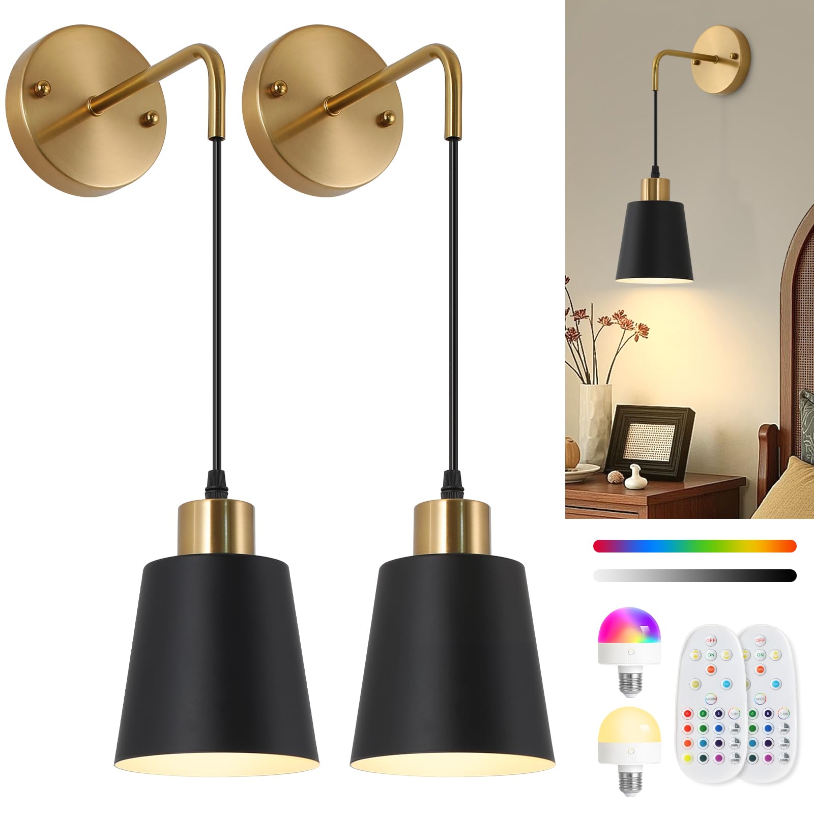 Rechargeable wall lights indoor,Wireless Battery Operated Wall sconces set of 2,LED Modern Wall Lamp with Remote,Black & Gold lamps with 15 Color Changing Dimmable For Bedroom Living Room Hallway