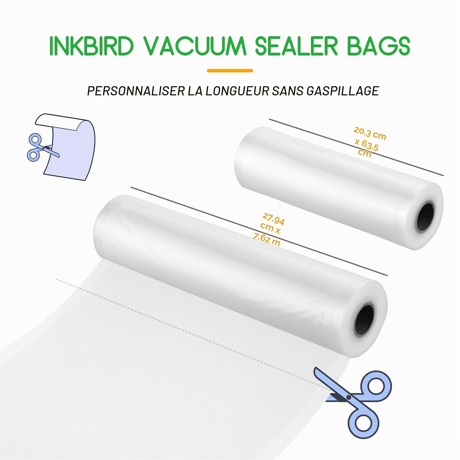 INKBIRD Rouleau Sous Vide Alimentaire 4 Packs: 28x63cm + 20x63cm, Rouleaux Film Sous Vide pour Tous Machine Sous Vide Aliments, Sac Sous Vide pour Le Stockage Des Aliments Et La Cuisson, Sans BPA