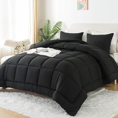 Miniatura 4 de WhatsBedding Juego de edredón tamaño Queen, color negro, ligero, de 3 piezas, para todas las estaciones, juego de cama alternativo de plumón suave