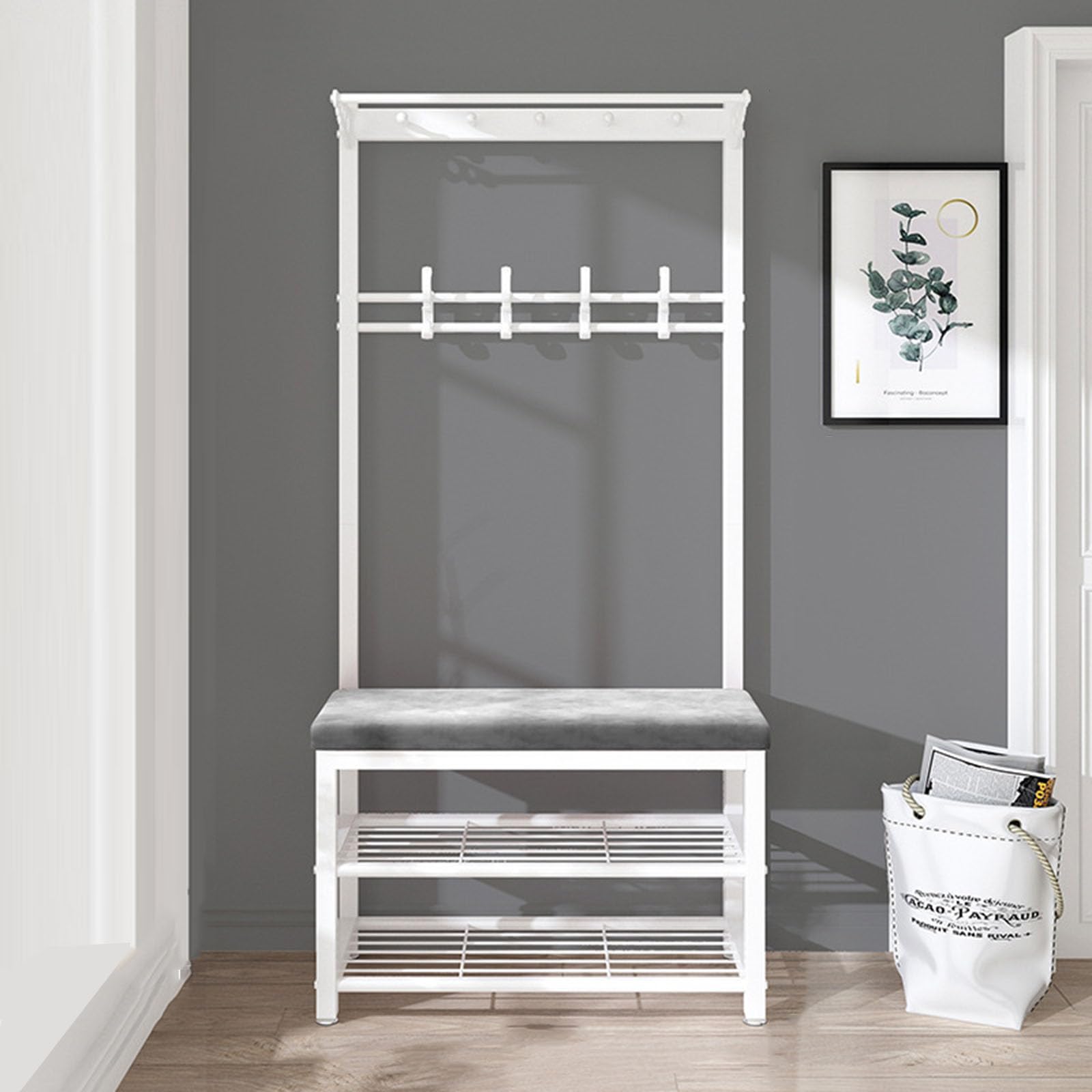 LWJSOCP Industrial Hall Tree Coat Rack with Shoe Storage – Freestanding Entryway Unit with Bench Hooks & Shelves for nized Hallway & Entrance Storage