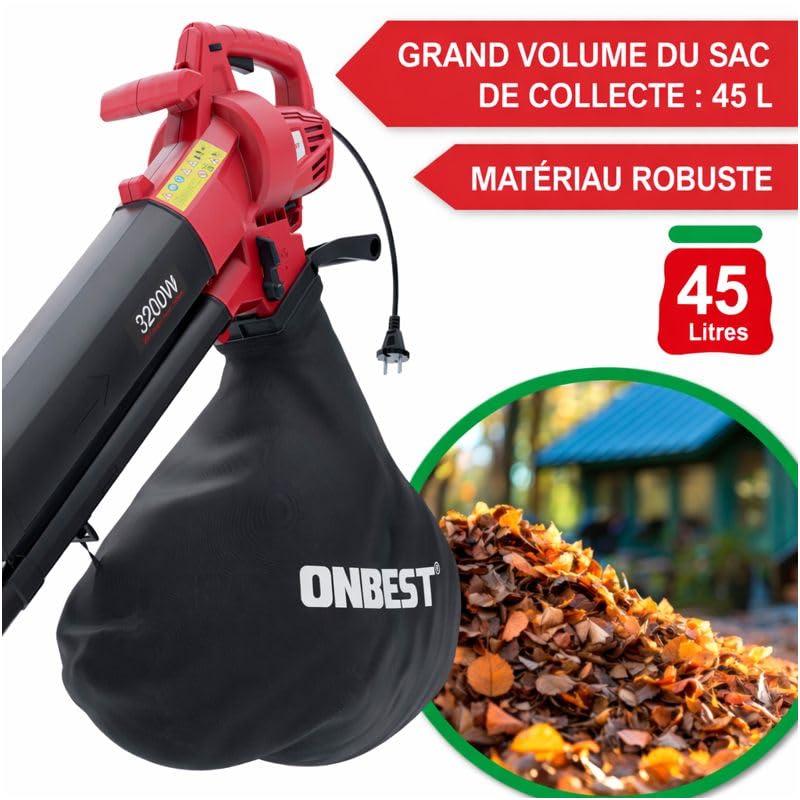LV3245 Souffleur de Feuilles à l’air électrique 3200W 3en1 Aspirateur Souffleur Broyeur 45L