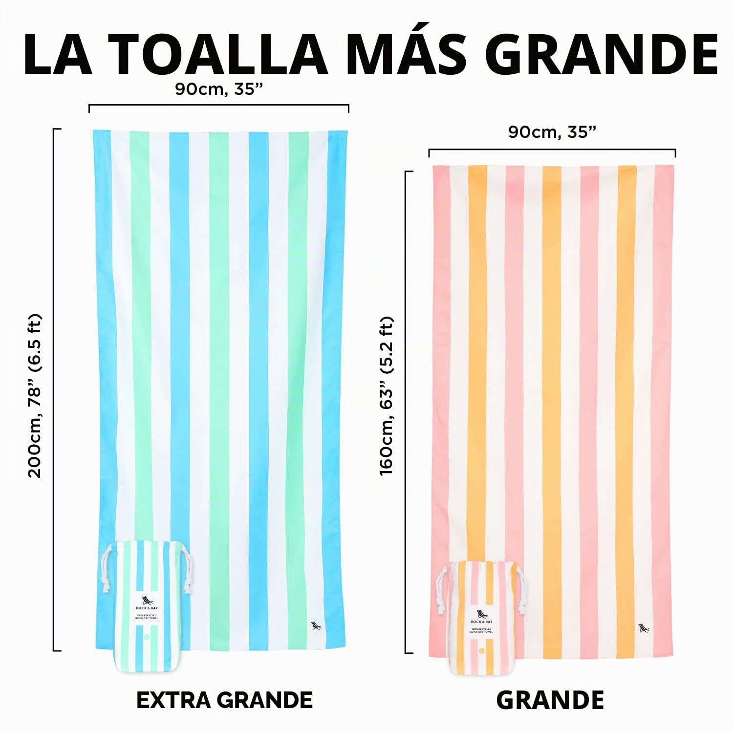 Dock & Bay Toalla de Playa - Secado Rápido, Sin Arena - Compacto, Ligero - Materiales 100% Reciclados - Incluye Funda - Summer - Rainbow Skies, Extra Large (200x90cm, 78x35)