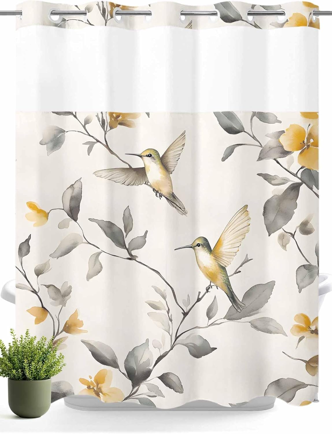 Prime Leader Country Style No Hook Shower Curtain with Snap in Liner Bird Flowers Gray Leaf Shower Curtain for Bathroom, Fabric Waterproof Inner Liner with Mesh Top Window, 72x72