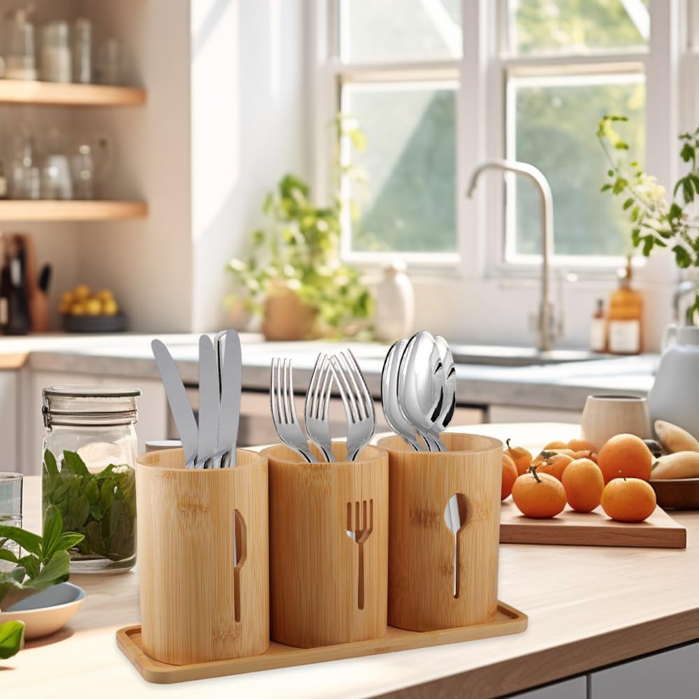 Porta-Utensili da Cucina, 3 Scomparti Per Utensili Da Cucina In Legno Portautensili in Bambù per Stoccaggio di Cucchiai, Forchette, Coltelli e Utensili da Cucin