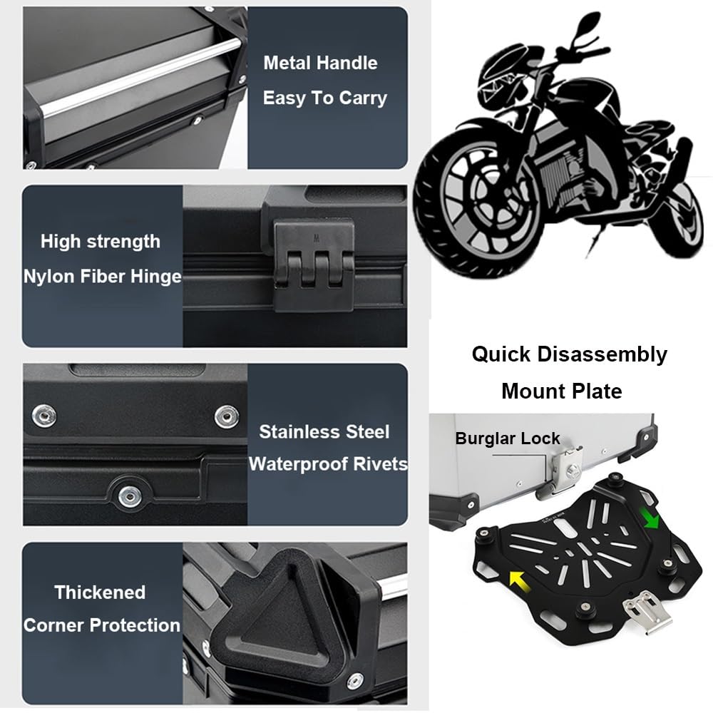 Valise pour Moto Top Case Moto avec Serrure De Sécurité 28L 36L 45L 55L 65L 80L 100L Aluminium Valise Topcase,Coffres De Moto pour Casque (Color : Silver, Size : 36L)