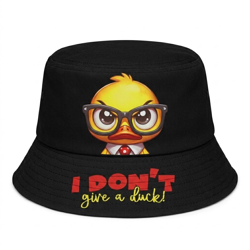 Miss Wow Unisex Black Cotton Bucket Hat, Cartoon Duck In Glasses, I Don't Give A Duck! Theme, Summer Sun Hat (Black)