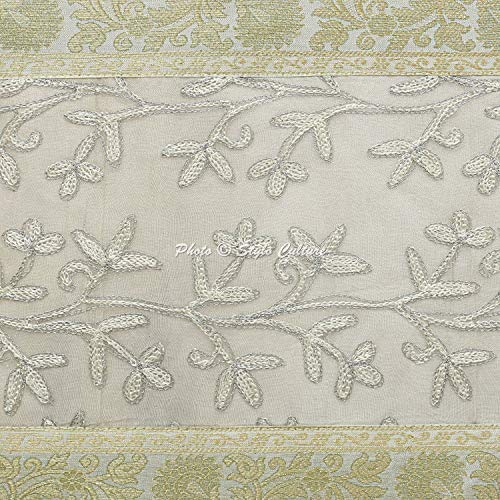 Image of Polyester Blend White & Gold Table Runner Coffee Table Mat 6 Feet Ari Zari Embroidered Rajasthani Brocade Satin Traditional Long Runner Up With Tassels Centre Tablecloth, Small